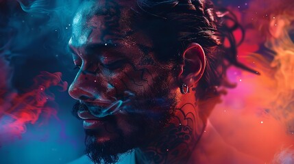 Artistic Portrait of a Tattooed Man Surrounded by Colorful Smoke Intense and Mysterious Vibe
