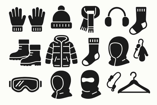 Winter clothing icons: gloves, hat, scarf, boots, jacket, goggles, balaclava