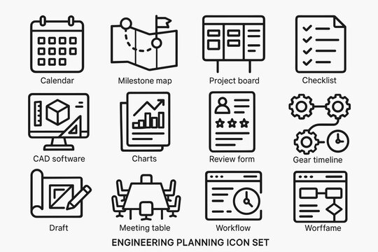 Engineering planning icon set: calendar, map, board, checklist, cad, charts