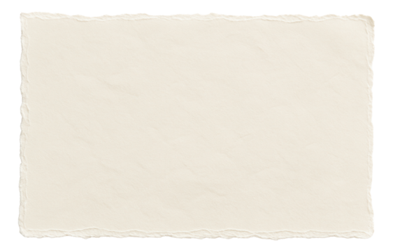 Blank piece of textured parchment paper with rough edges on transparent background.
