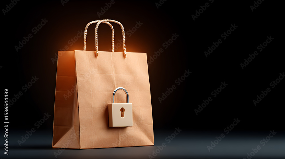 Poster a secure shopping bag, representing safe online purchases. the bag has a padlock on it, suggesting s