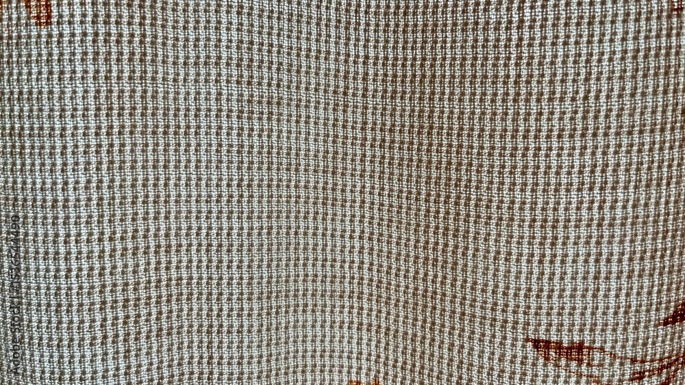 Poster close-up of beige woven fabric with small grid texture and subtle red thread accents, ideal for text