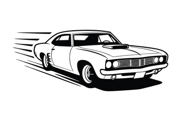 Naklejka premium Fast Car Speed Symbol, Monochrome Racing Vehicle with Dynamic Swoosh Lines On White Background 