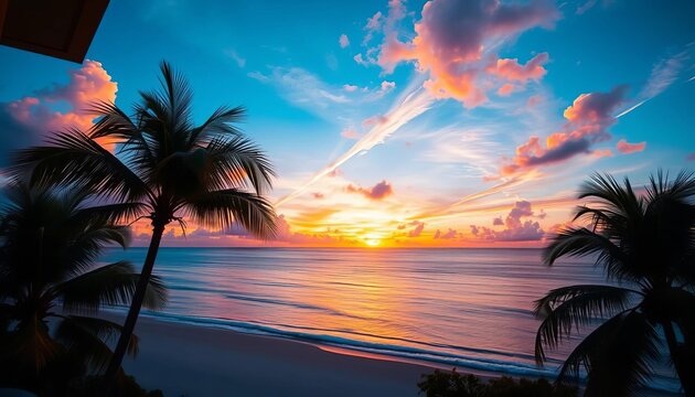Fototapeta Sunset over tropical beach seen from balcony  palm tree silhouette, vibrant sky, ocean horizon, landscape, ocean