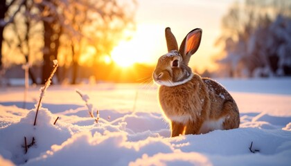 A cute wild brown fluffy rabbit with long ears in the snow