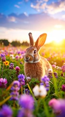 Cute brown bunny in a green spring meadow