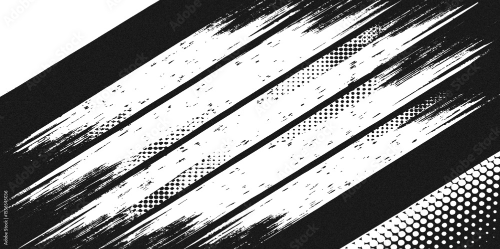 Poster abstract black and white background with diagonal lines and halftone dots for design.