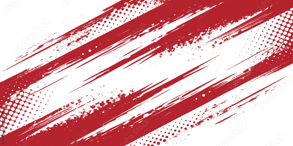 Poster red and white abstract background with diagonal stripes and halftone dot patterns.