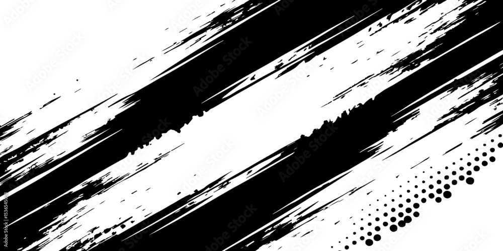 Poster abstract black and white background with diagonal lines and halftone dots for design.