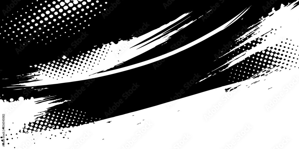 Poster abstract black and white background with diagonal lines and halftone dots for design.