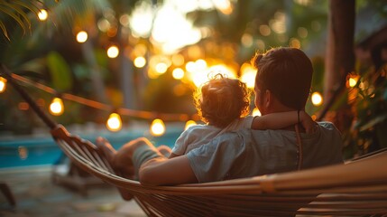 Father and Son Relaxing in Hammock at Sunset Enjoying Peaceful Evening Together