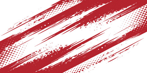 Red and white abstract background with diagonal stripes and halftone dot patterns.