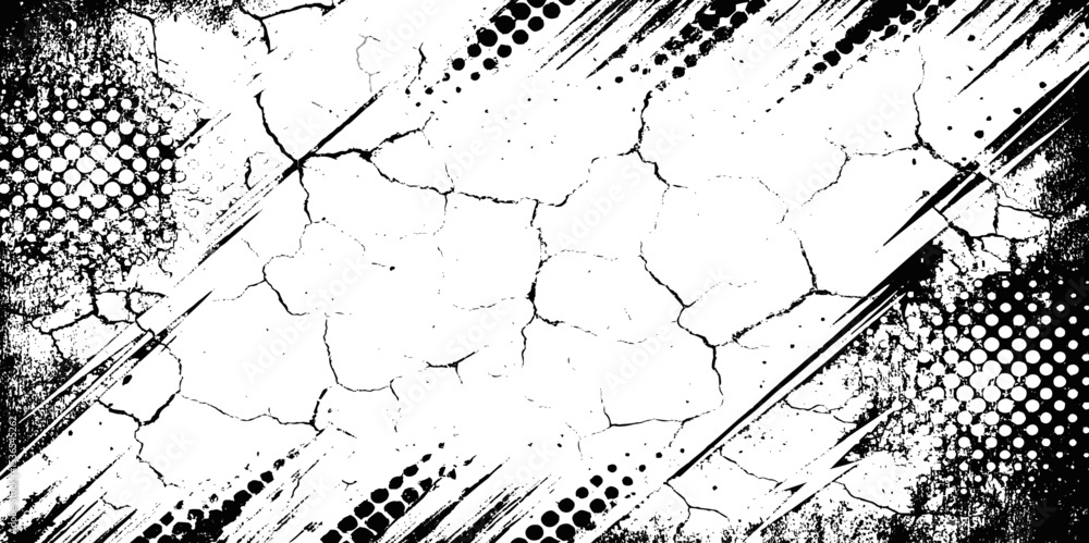 Aufkleber black and white abstract background with cracks and halftone dots and diagonal lines design creating