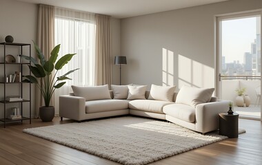 Modern minimalist living room interior design with large sofa and natural light