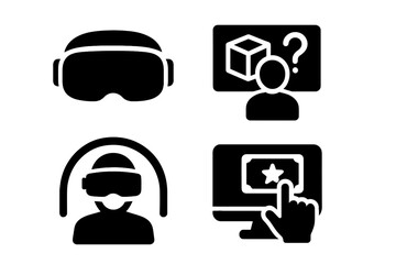 VR Support Icons. Solid style icons of VR support tools: VR headset, 3D help screen, immersive training, virtual desk. Solid style