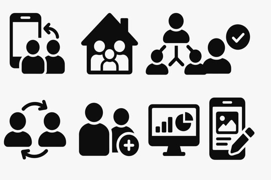 Social Integration Icons. Solid style icons of social integration: shared device, household access, family hub, user roles. Solid