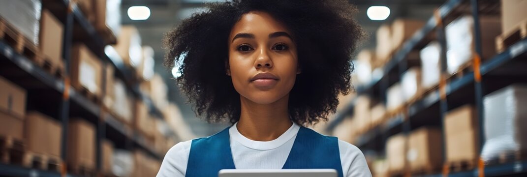 Confident Young African American Female Warehouse Worker Using Tablet Computer