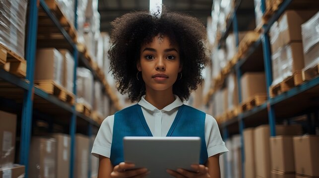Confident young woman warehouse worker using a tablet in a modern distribution center