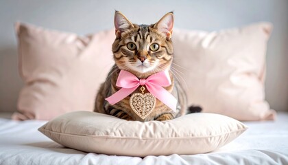 Cute young domestic feline with beautiful fur and eyes on a sofa or bed