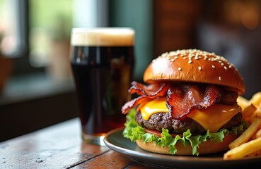 Delicious burger with bacon, cheddar cheese, lettuce on a sesame bun. Crispy french fries and dark beer in a glass. Perfect pub meal, tasty dinner or lunch.