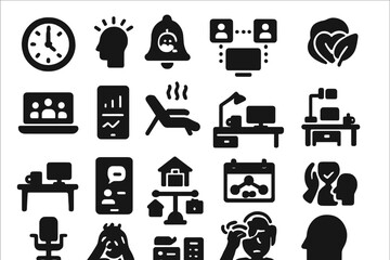 Hybrid Work Icons. Solid style icons of hybrid work life balance: time management clock, focus zone badge, family time reminder,