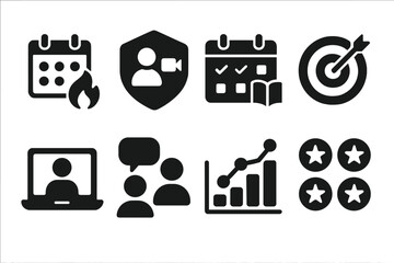 Educational Icons Set. Solid style icons of personalized learning journeys: learning streak tracker, webinar session badge, study