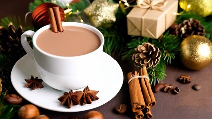 Festive hot chocolate drink with cinnamon sticks in a white cup surrounded by holiday decorations and seasonal spices. - Powered by Adobe