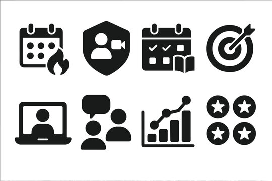 Educational Icons Set. Solid style icons of personalized learning journeys: learning streak tracker, webinar session badge, study