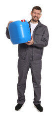 Man holding plastic canister on white background