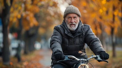 Senior Man Enjoying Autumn Bicycle Ride in a Park A healthy active lifestyle for elderly people