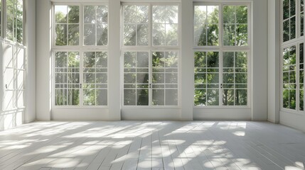 A clean, minimalist office with large windows and natural light.