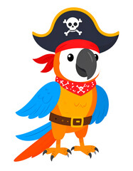 Naklejka premium A parrot dressed as a pirate with a hat and a bandana isolated on transparent background. It stands, ready for adventure