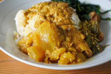 Nasi Padang, Indonesia, captured on June 16, 2025. A traditional Minangkabau rice dish served with a variety of flavorful side dishes such as rendang, vegetables, sambal, and curry sauces.