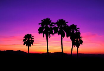 Silhouetted palm trees stand tall against a vibrant purple sunset, overlooking rolling hills and mountains, exotic, tranquil