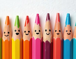 Colorful pencils with happy faces arranged in a row. Vibrant pencils with smiling faces for art school education. Ideal for children. Educational supplies creative fun and joy.