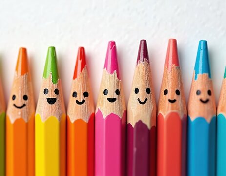 Colorful pencils with happy faces arranged in a row. Vibrant pencils with smiling faces for art school education. Ideal for children. Educational supplies creative fun and joy.