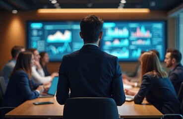 Business team meeting discussing graphs data on screen. Modern office, diverse employees group. Analyzing financial strategy, business plan success. Man in suit looks at data charts. Colleagues in