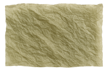 Crumpled aged parchment paper texture with brownish tones on transparent background.