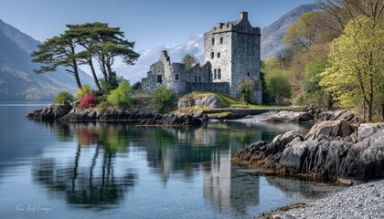 Picturesque castle reflected in calm water