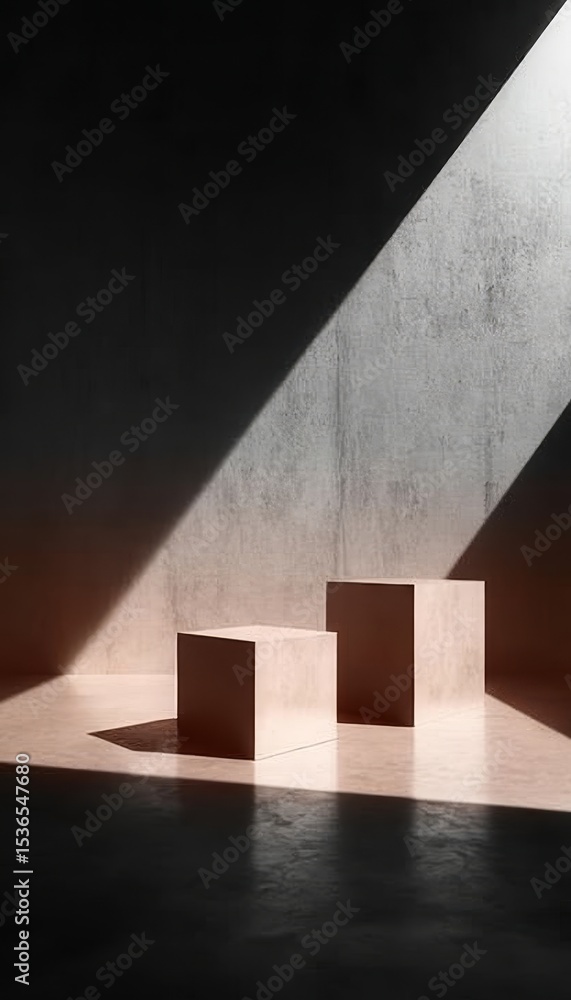 Poster minimalist geometric presentation platform with cubes and atmospheric light for product showcase