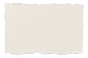 Textured, torn piece of blank white paper with rough jagged edges on transparent background.