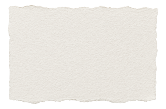 Textured, torn piece of blank white paper with rough jagged edges on transparent background.