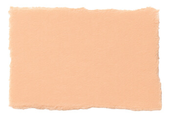 Torn edge piece of textured peach colored paper on transparent background.