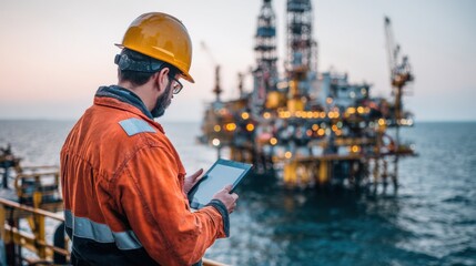 Offshore Worker Inspecting Drilling Rig with Tablet at Sunset

