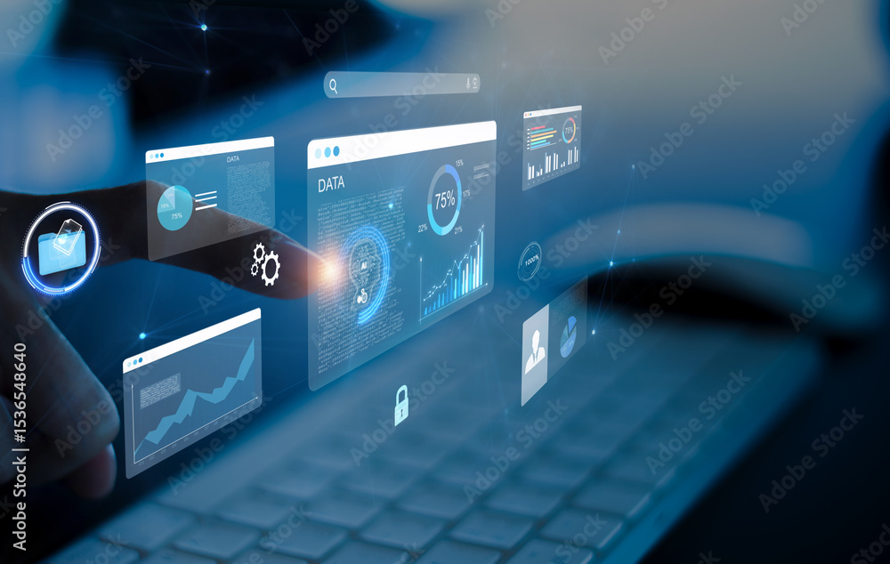 Aufkleber document management concept, check electronic documents on digital documents on virtual screen docum