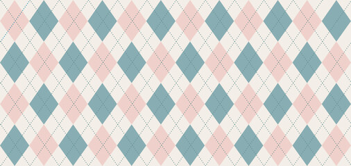 Argyle vector pattern. Light blue and dark blue squares with thin dark blue dotted line. Geometric background for menswear, wrapping paper. Background for baby shower. Checkered Seamless Pattern.
