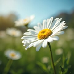 Obraz premium White daisy flower with bright yellow center blooms under blue sky. Lush green garden with sunlight. Natural beauty, fresh growth, perfect floral, vivid botanical background with copy space.