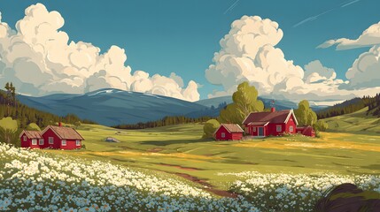 Rolling Nordic countryside with red cottages and wildflower meadows