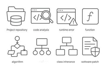 Programming Icons Set. Line style icons of programming: project repository, code analysis icon, runtime error icon, function block