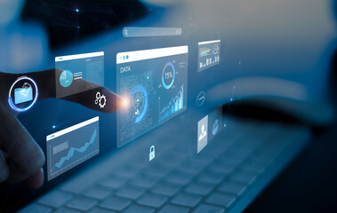 Obraz na płótnie Canvas Document management concept, check electronic documents on digital documents on virtual screen Document Management System and process automation to efficiently document paperless operate
